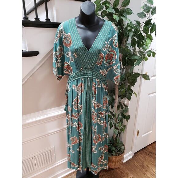 Knox Rose Women's Multi Floral Pleated V Neck Short Sleeve Long Maxi Dress Small - Picture 16 of 16